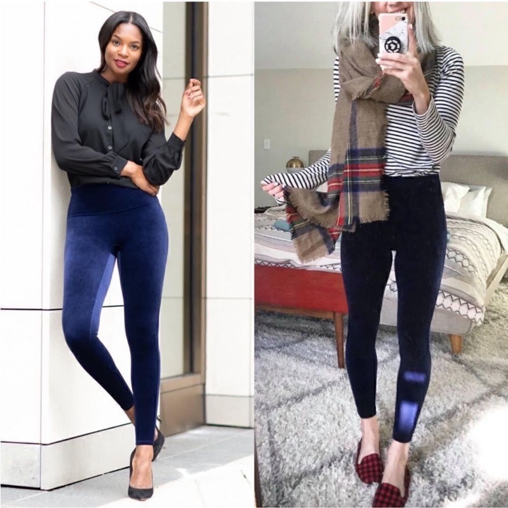 Spanx High Rise Velvet Leggings Blue Velour Leggings L